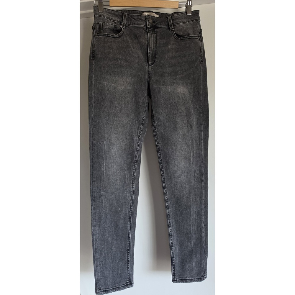 Zara Women Straight Jeans Size 38 Grey Solid Casual Denim Pants Trousers